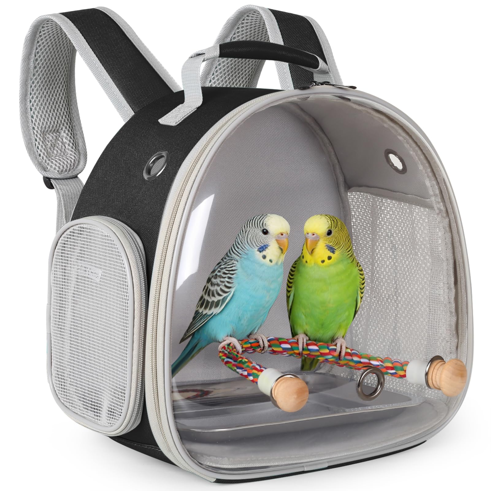 Small Bird Travel Backpack Carrier Cage, Backpack to Transport Backpack Carrier with Metal Tray Stand Perch for Parakeet Cockatiel Budgies Vet Carry Book Bag Black