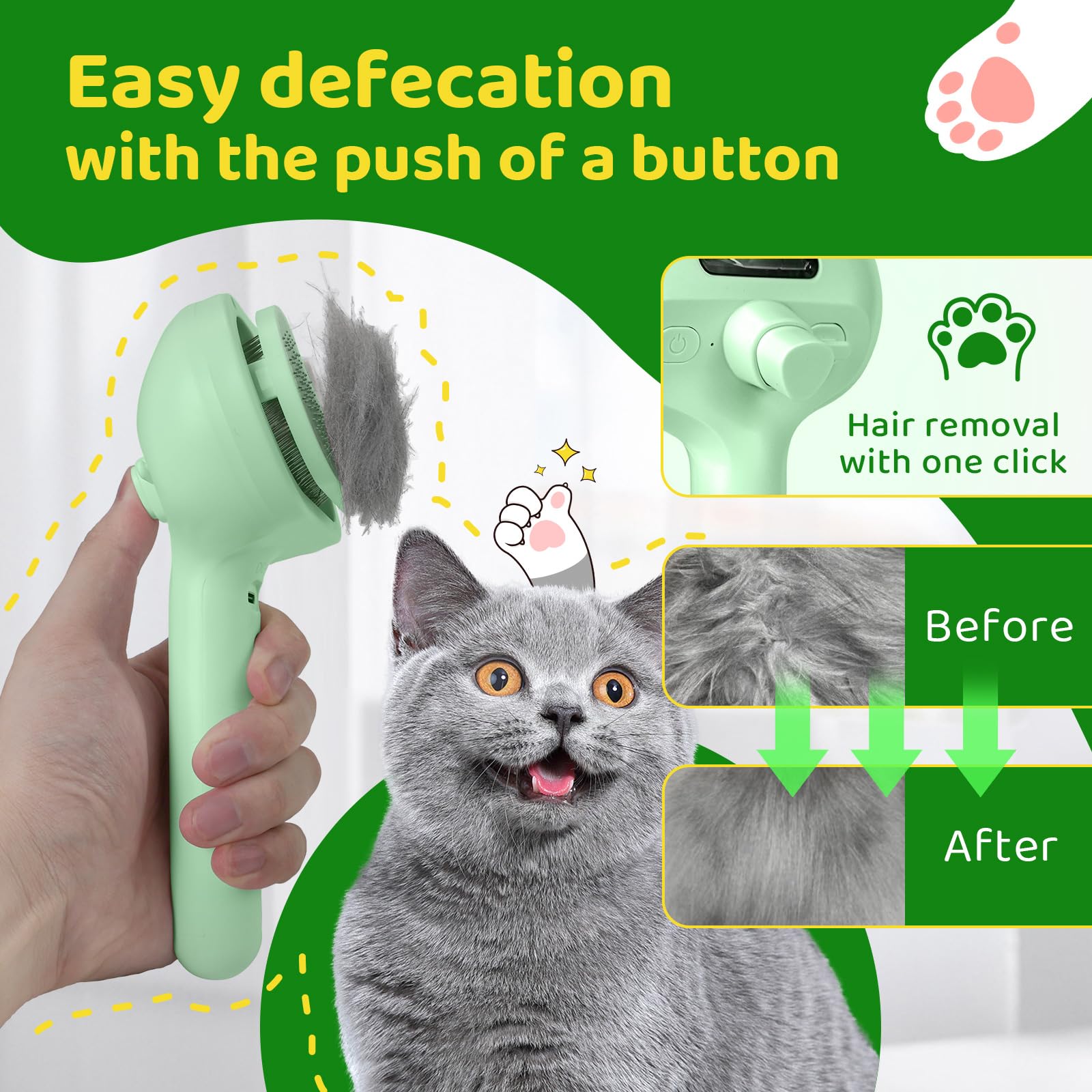 Steam Brush for Cat Grooming and Shedding - Self-Cleaning, Anti-Static Pet Brush for Long and Short Hair with Release Button (Green) - Image 4