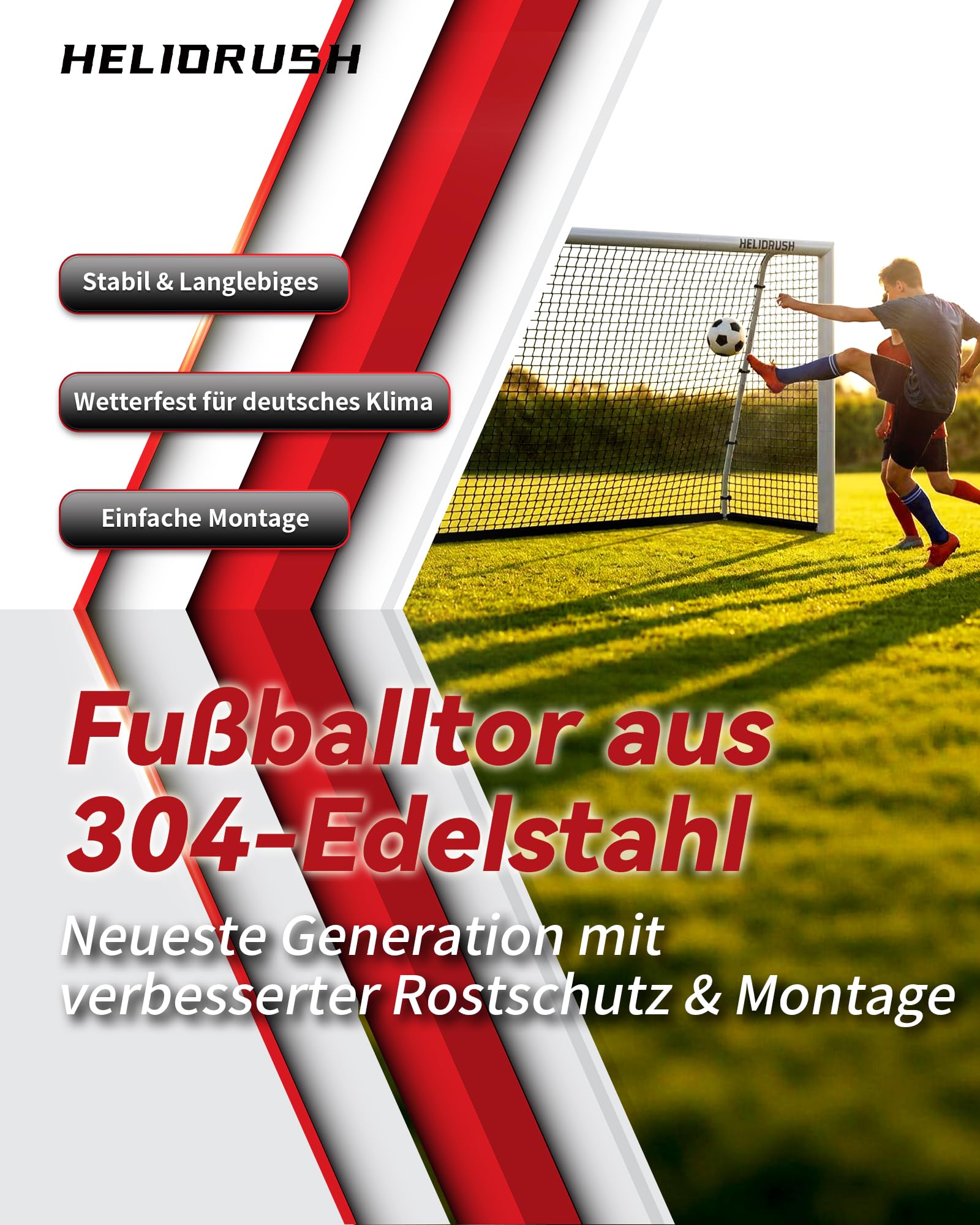 Fussballtor 180/240/300 für Garten & Training - Großes Fußballtor Outdoor, Stabiler Stahlrahmen Verzinkt,Edelstahl 304, Aluminium & Pulverbeschichtet, Reißfestes 1000D Netz, Wetterfest