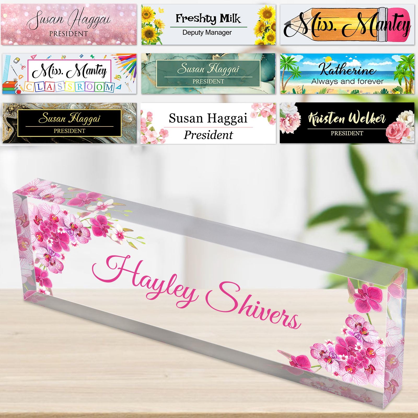 Acrylic Name Plate for Desk Personalised Custom Phalaenopsis Orchid Nameplates Bulk for Office Teacher Classroom Men Women Nurse Gifts
