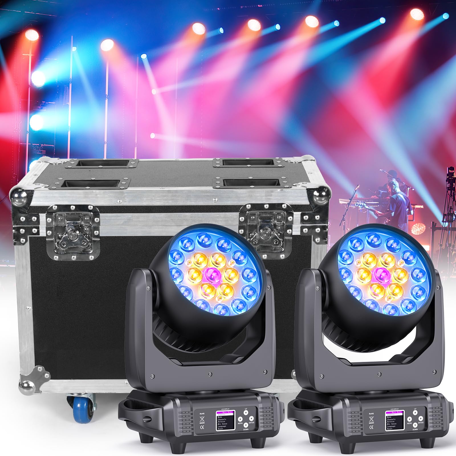 Funda para 2 unidades, 19 x 15 W, cabezal móvil, RGBW, LED, DMX, efecto zoom, luces de escenario, Negro