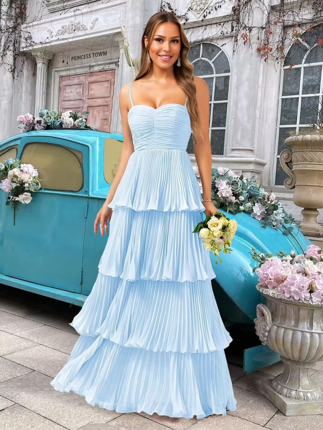 Tiered Ruffle Bridesmaid Dresses for Women Spaghetti Straps Long Chiffon Formal Evening Prom Gowns - Image 3