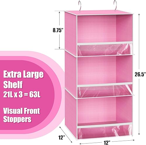 Miniatura 3 de Simple Houseware Organizador de armario colgante de 3 estantes con tapón frontal, rosa