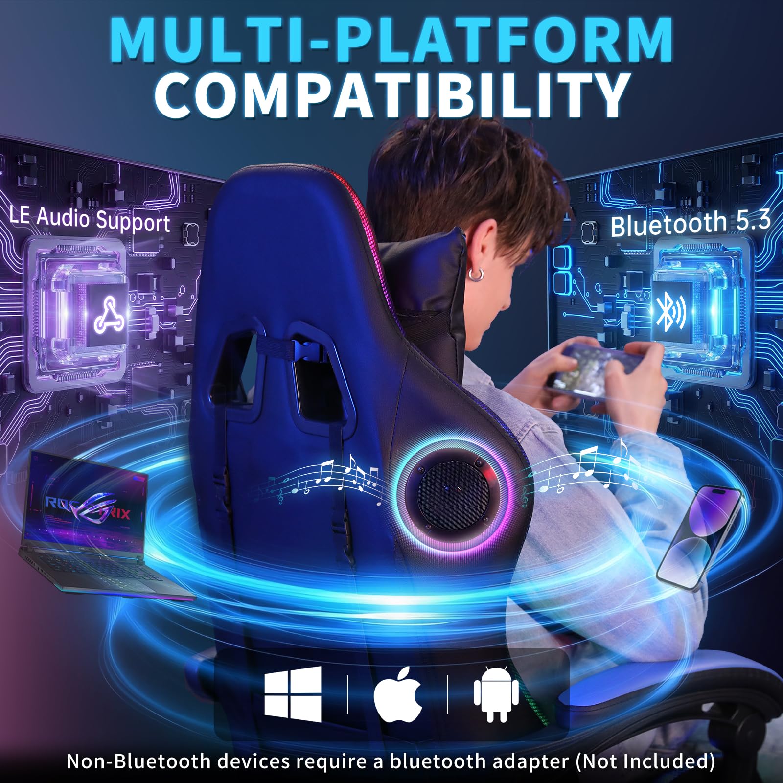 Sedia da gioco con altoparlanti e luce LED, sedia ergonomica per computer con massaggio e poggiapiedi, sedia reclinabile per videogiochi per adulti, supporto regolabile in vita, rosso e nero