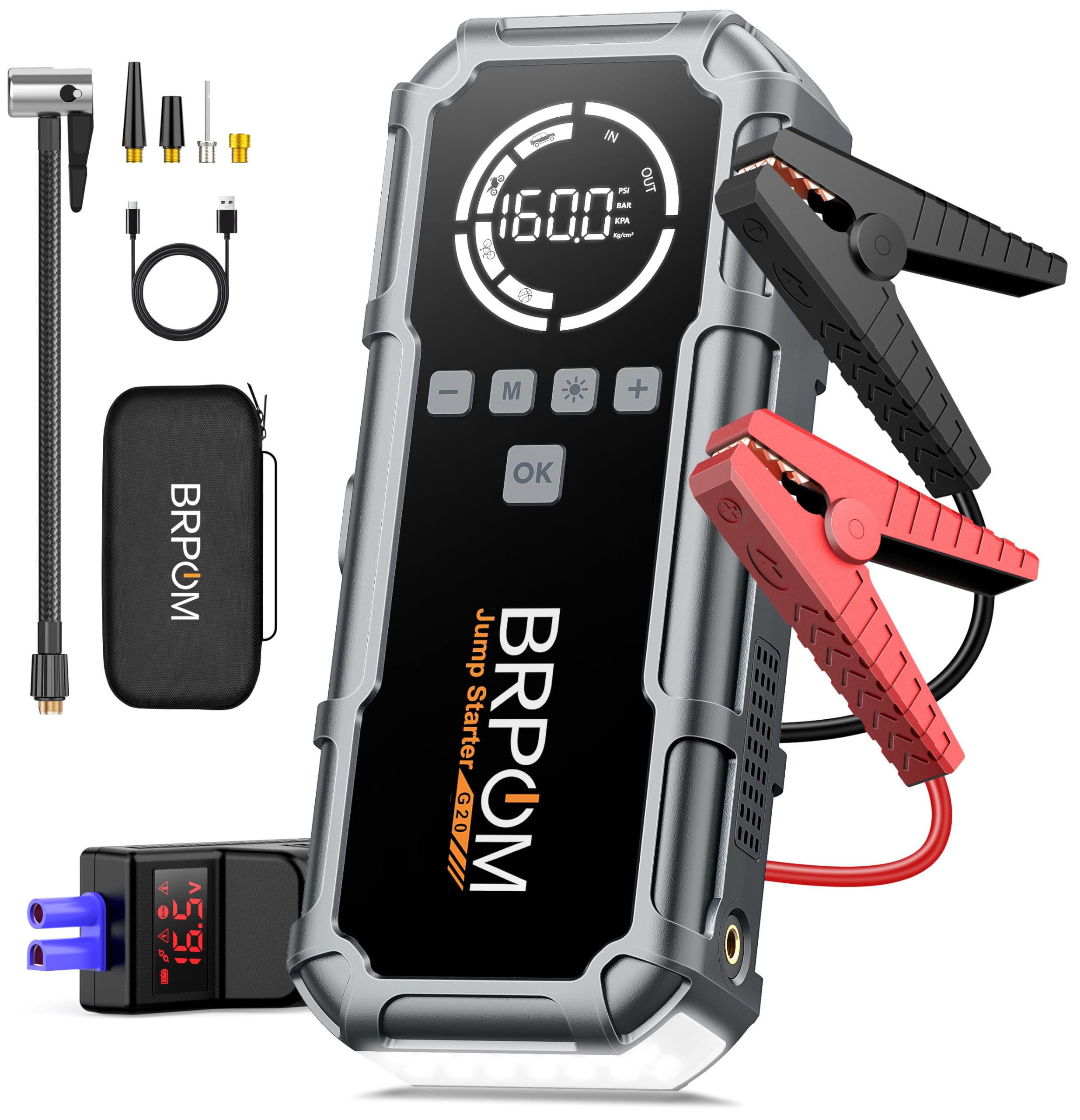 BRPOM Car Battery Starter with Compressor 160 PSI, 8000 A 26800 mAh Emergency Jump Starter for Cars/Motorcycles 12 V (All Gas 12 L Diesel) Booster Starting 600 Lumen LED/USB-C Charging