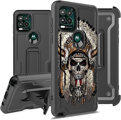 BEYOND CELL Compatible with Moto G Stylus 5G (2021) Armor Kombo Kickstand Case with Belt Clip Holster, Hybrid Rugged Heavy Duty Shockproof Drop Protection Indian Chief Skull