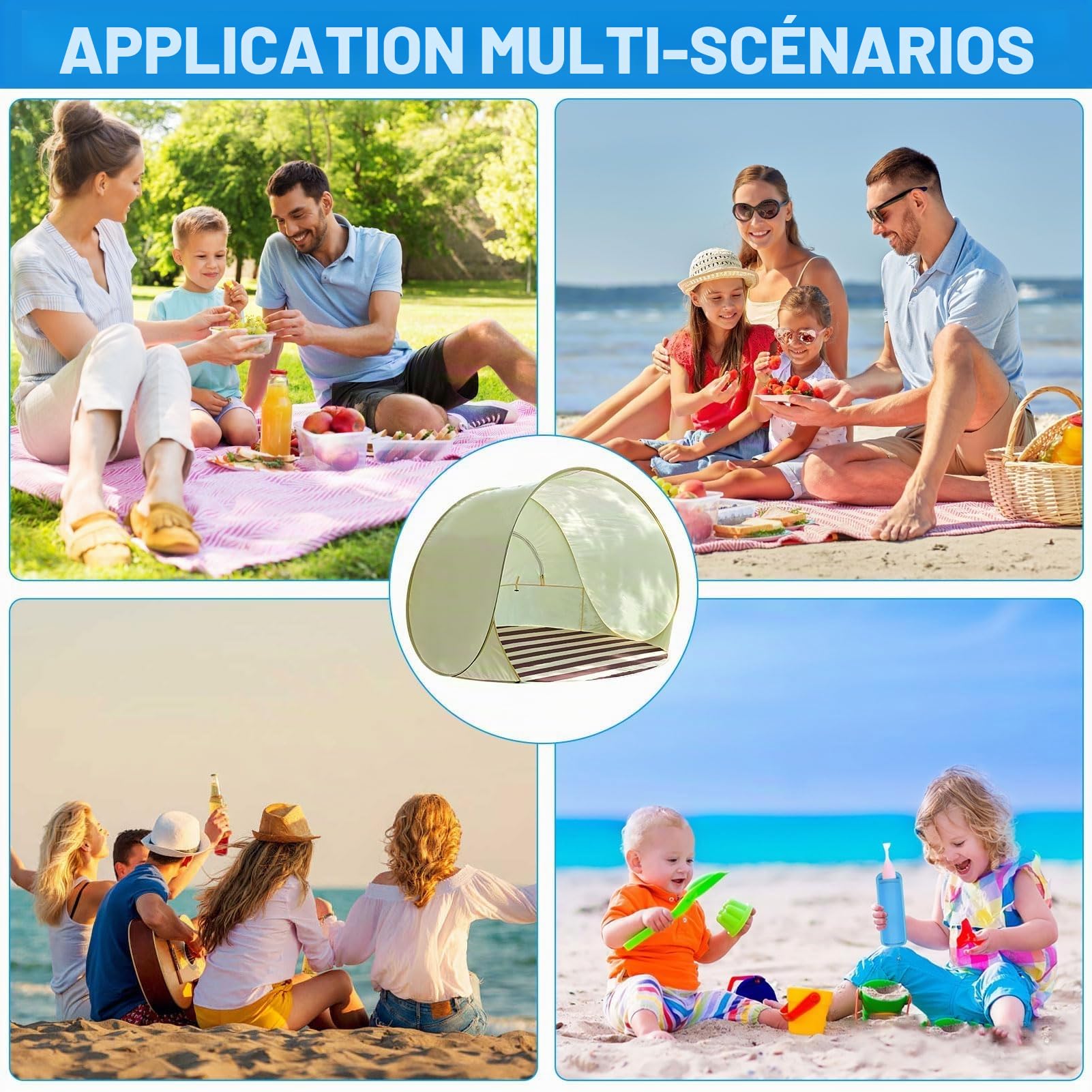 Tente De Plage Pop Up avec Protection UV XXL, 3-4 Personnes UPF 40+,Tente Plage Bebe Anti UV,Tente De Plage Jetable, Protection UV Et Pare-Vent, Abris De Plage, Protection Solaire Pop-up