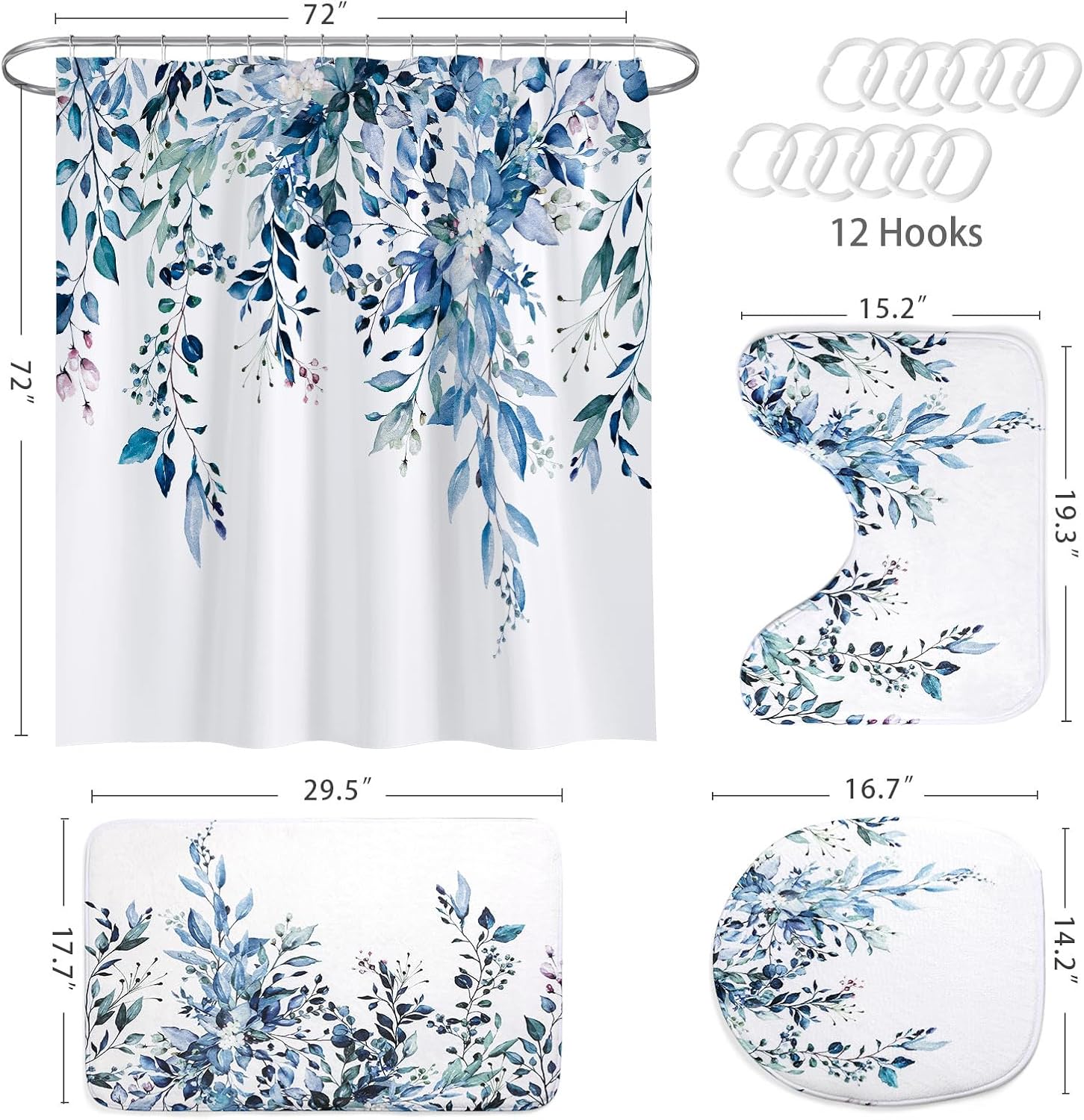 MitoVilla 4 Pcs Blue Eucalyptus Bathroom Sets with Shower Curtain and Rugs, Modern Shower Curtain Sets with Rugs for Bathroom Decor, Bathroom Decor Curtain Sets with Mats and Accessories