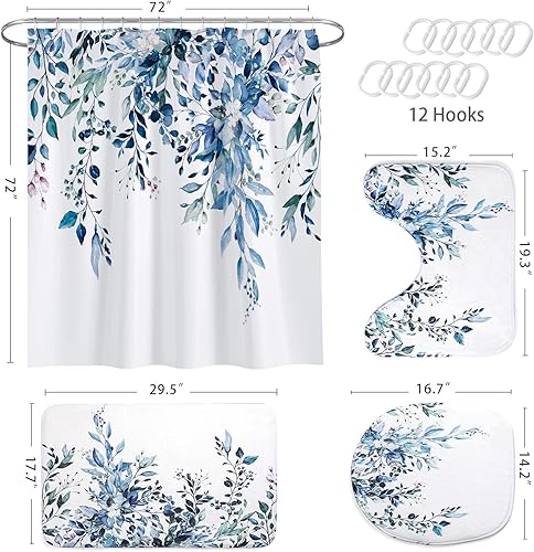 Miniatura 7 de MitoVilla Juego de 4 piezas de baño de eucalipto azul con cortina de ducha y alfombras, modernos juegos de cortinas de ducha con alfombras para