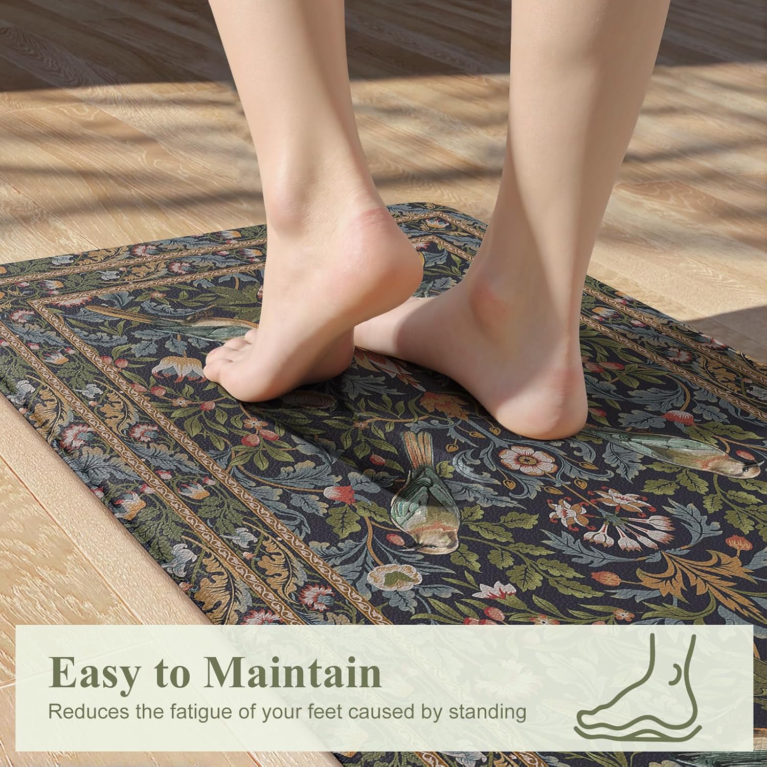 kimode kitchen mats cushioned antigue,vintage boho floral bird kitchen rugs runner non slip,wide long memory foam kitchen floor mat for laundry sink office home,navy blue green 23.6" x 71"--0.47 inches navy blue