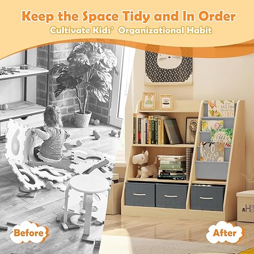 Miniatura 23 de Estantería de madera rosa de 4 niveles para niños, estantería de 5 capas, estante para libros de almacenamiento para bebés, organizador de juguetes