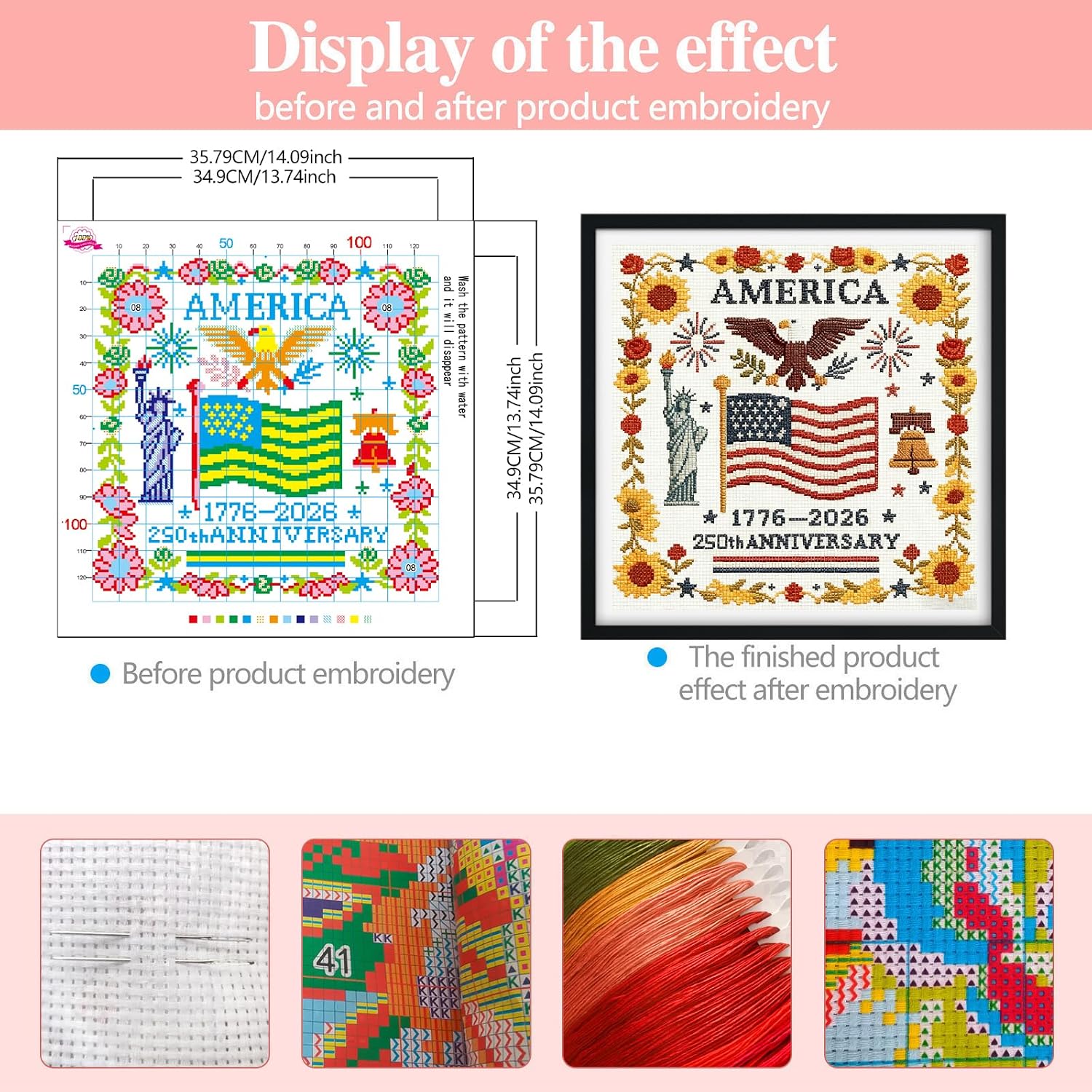 Zhenqing 250th Anniversary Cross Stitch Kit, 36x36cm Patriotic Printed Cross Stitch for Beginners, 1776-2026 Flag Design with Threads & Needle (70630)