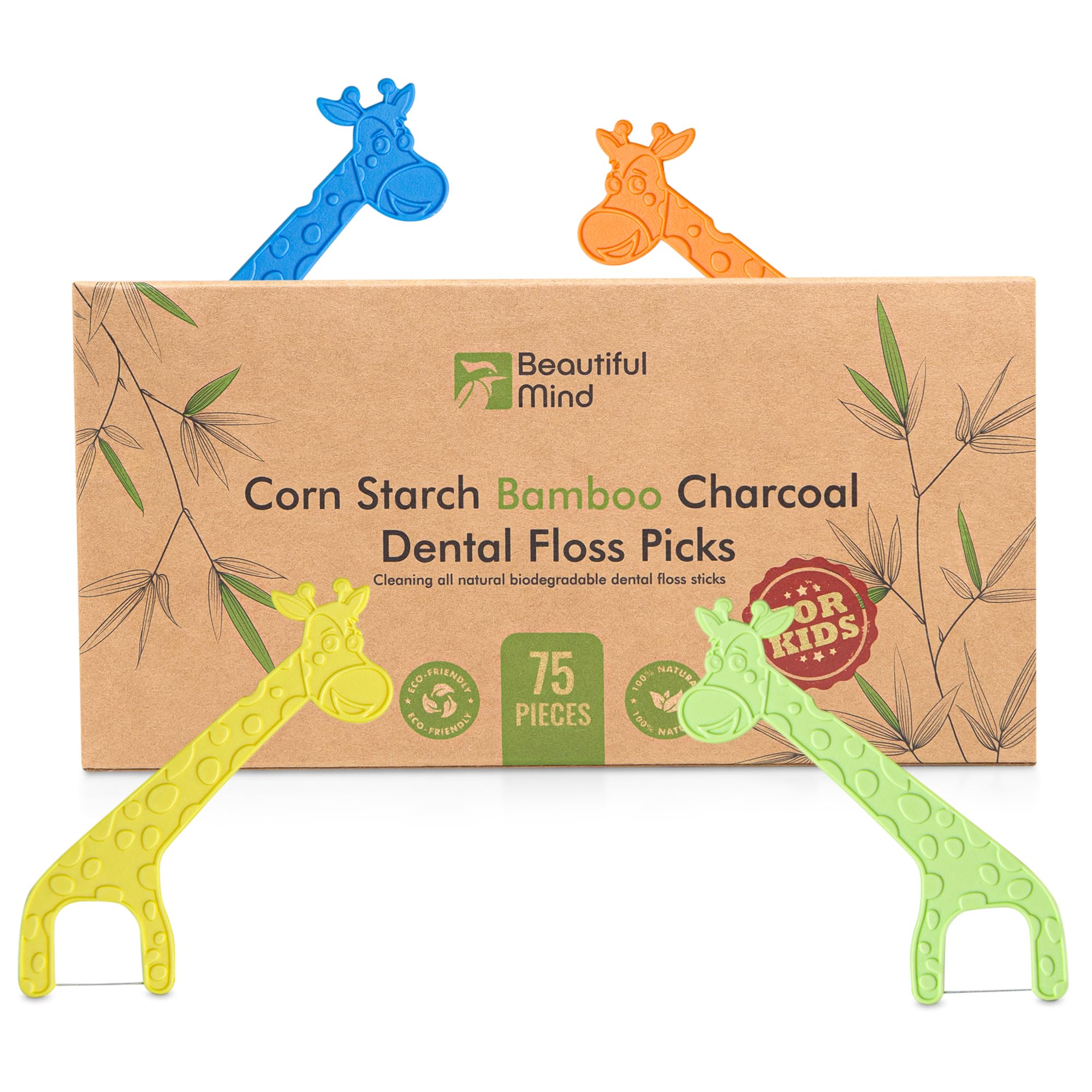 Dental Floss Picks for Kids 75 Pack – Unflavored, No Fluoride Oral Tooth Flossers – Biodegradable Flossing Sticks with Charcoal Infused Thread – Giraffe Toothpick for Toddler Teeth – Travel Case Size