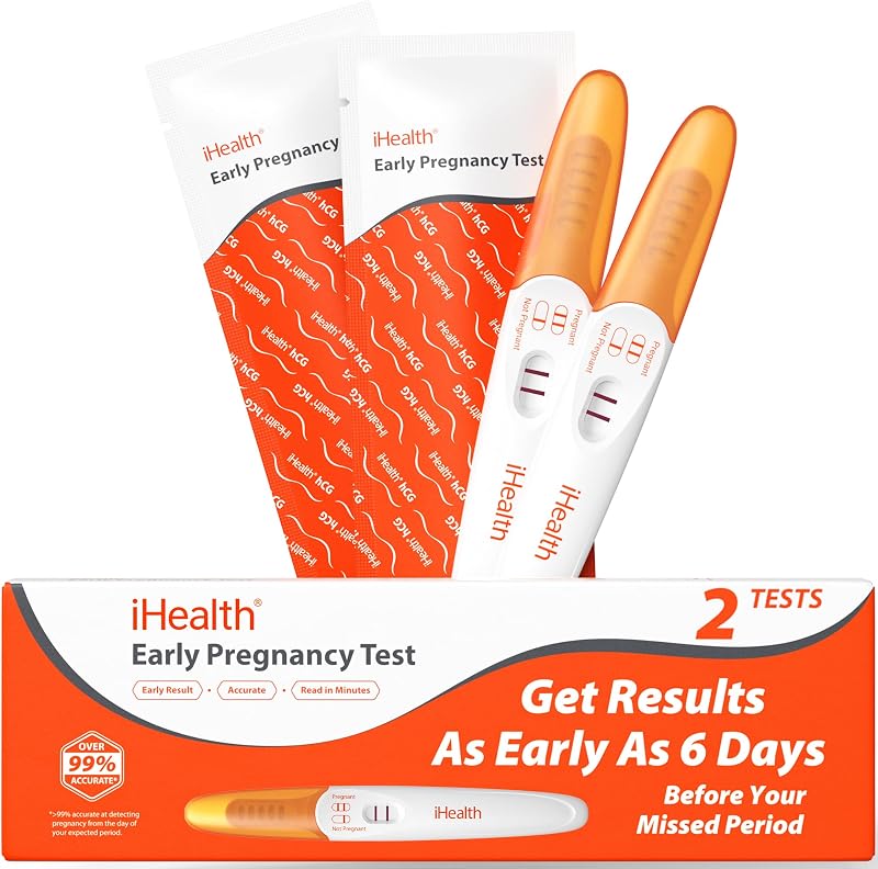 Pruebas de embarazo iHealth, prueba de embarazo de detección temprana en el hogar, 2 CT | Prueba de hCG con resultados de 3 a 5 minutos, más del 99% de precisión desde el día del período esperado, mango de agarre largo para un muestreo sencillo