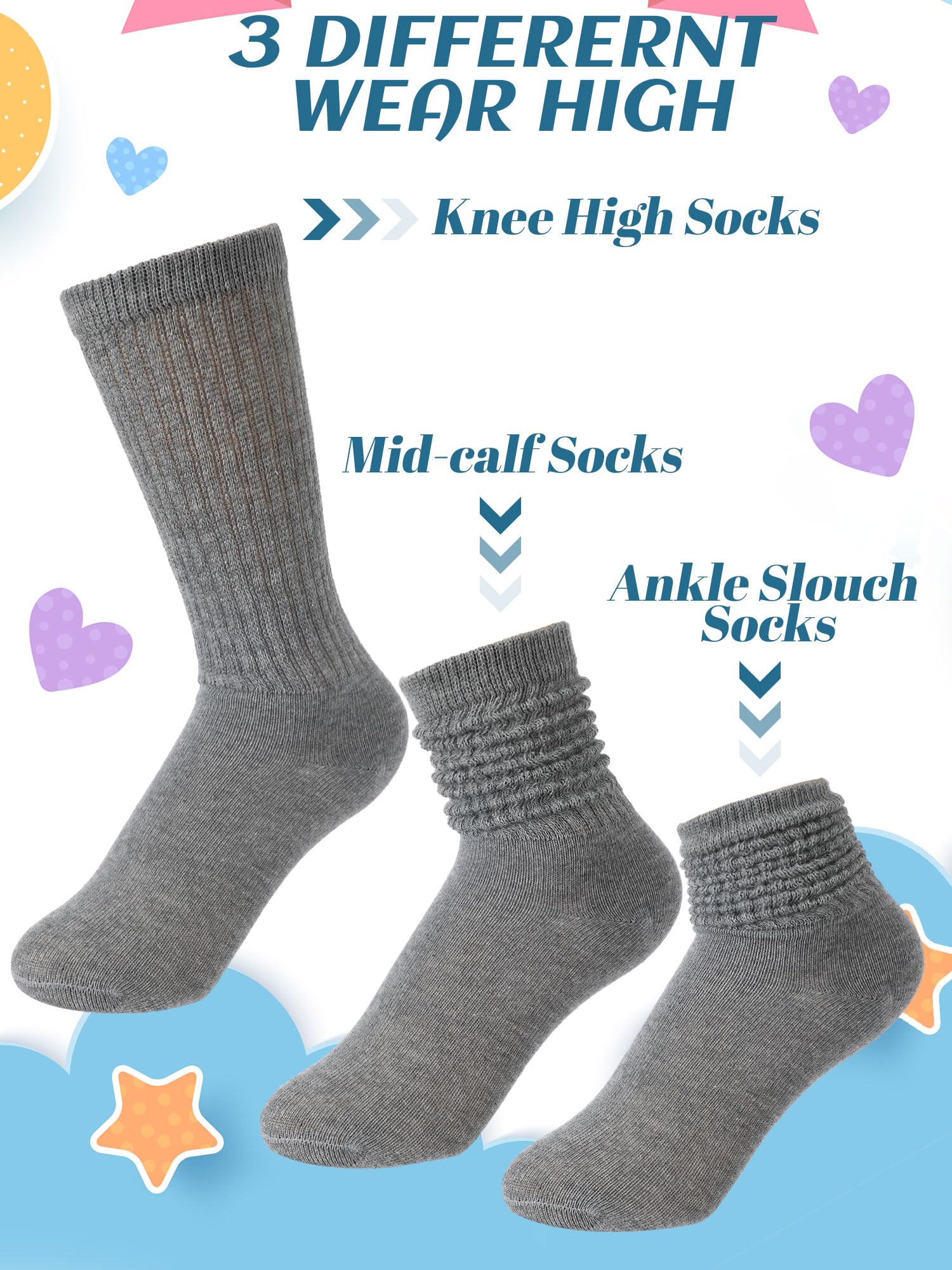 Fourluoo 6 Paar Mädchen Slouch Boots Socken Mädchen Scrunch Stacked Socken für Kinder | Lange Crew-Socken für Jungen und Mädchen, kniehoch, weiche, atmungsaktive Baumwolle, buntes Socken-Set für den täglichen