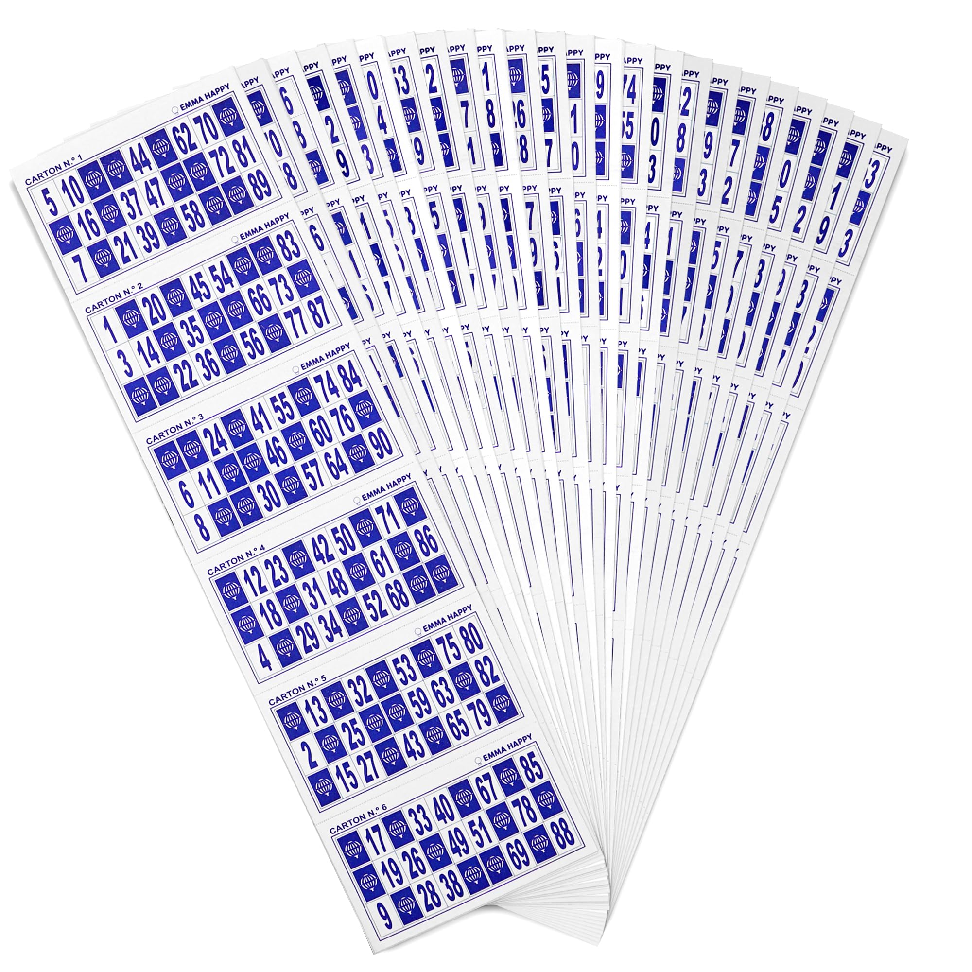 Cartones de Bingo Azules 90 Bolas – 1800 Unidades (3x600) Numeradas 1 al 90 + 10 Bolígrafos Azules – Bingo Tradicional en Cartón para Fiestas, Residencias y Asociaciones