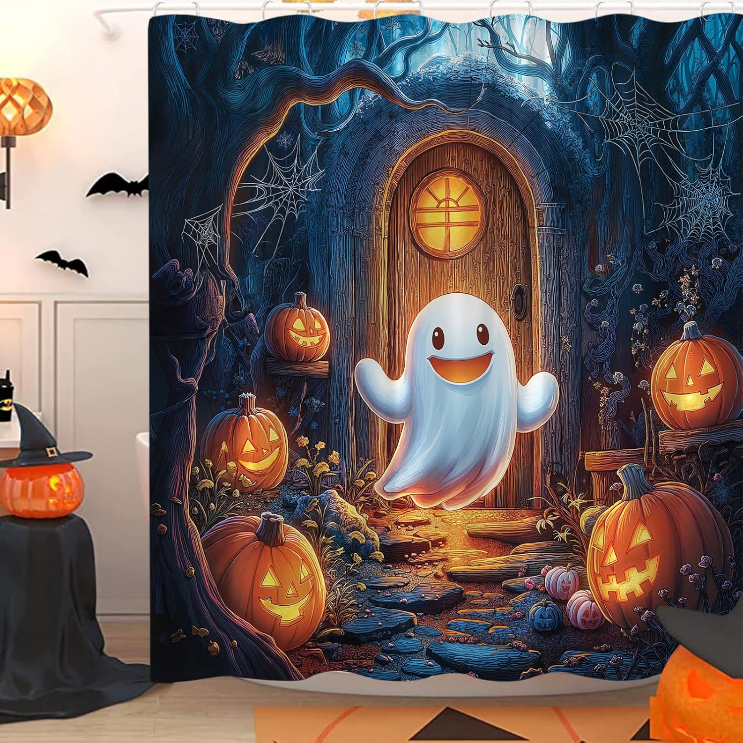 Halloween Shower Curtain Cute Cartoon Ghost Spooky Pumpkin Horror Forest Scary Night Creepy Gothic Haunted House Bath Curtain with Hooks
