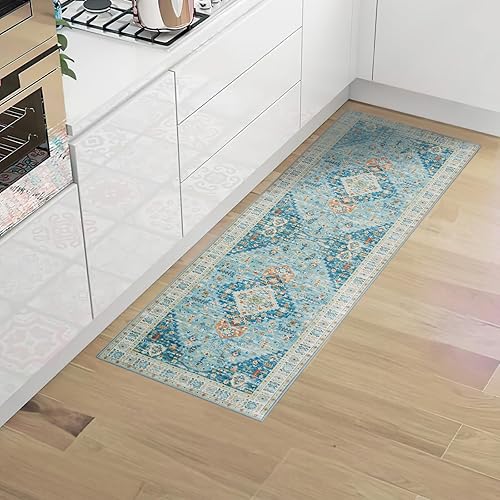 Alfombra de pasillo vintage de 2 x 6 pies, lavable a máquina, antideslizante, sin pelusas, envejecida, para entrada, dormitorio, interior, color azul