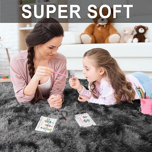 Miniatura 3 de RUGTUDER Alfombra de área de 5 x 8 pies para sala de estar, alfombras peludas grises de teñido anudado para dormitorio, alfombras de felpa grandes