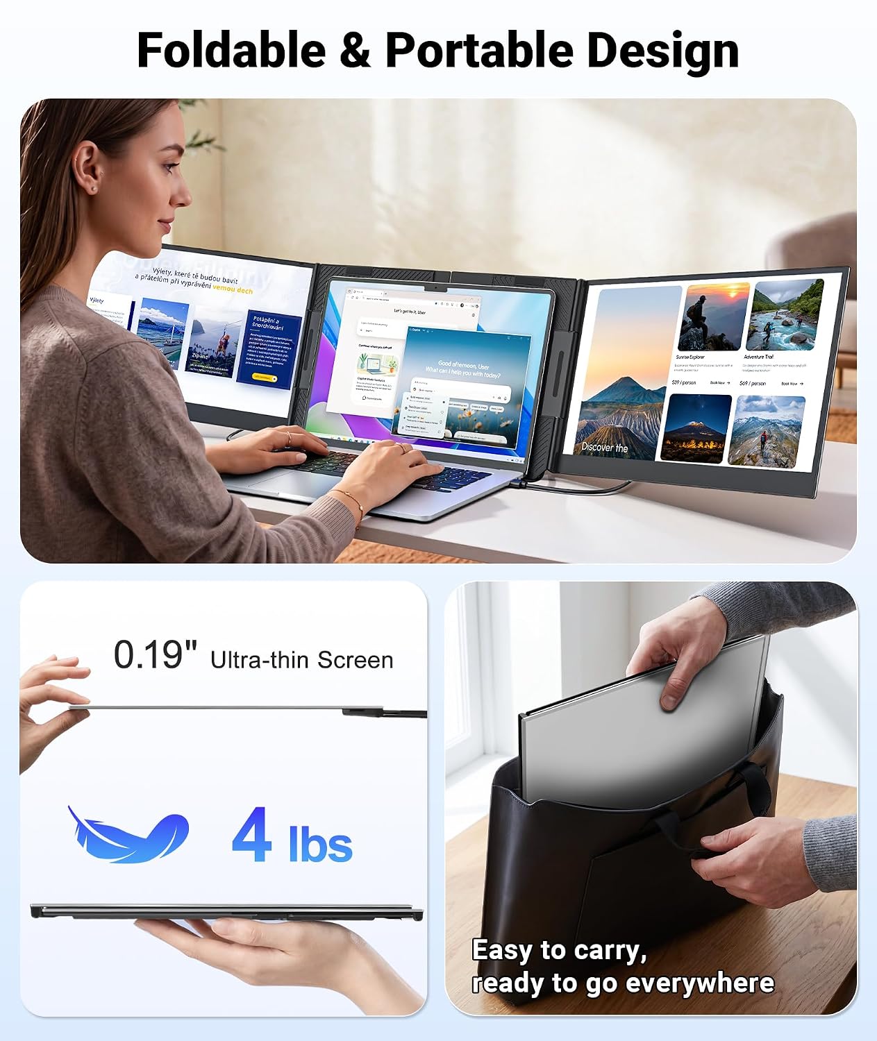 Synnov 15.6“ Laptop Screen Extender, 1080P FHD Ultra Light & Portable Triple Monitor for Laptops, Fit for 12"-17.3" Laptops, Plug & Play Travel Monitor Extender Compatible with Wins/MacOS/Chrome, view 5
