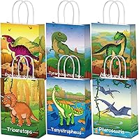 Vista 10 de Pajean 24 bolsas de caramelos de dinosaurio con asa, bolsas de papel de recuerdo de fiesta de dinosaurios, regalos para niños, envoltura