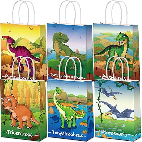 Miniatura 10 de Pajean 24 bolsas de caramelos de dinosaurio con asa, bolsas de papel de recuerdo de fiesta de dinosaurios, regalos para niños, envoltura