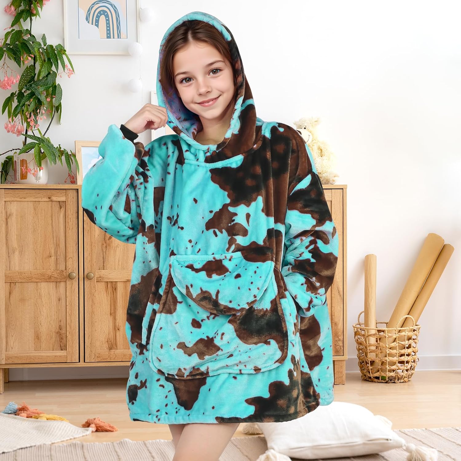 Wearable Blanket Hoodie Kids Blue Cow Print Sweatshirt With Giant Pocket - Warm Cozy Hooded Blanket for 6-10 Year Old Girl Boy Birthday Gifts - Image 6