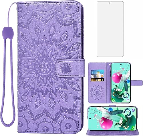 Asuwish Funda de teléfono para LG K92 5G con protector de pantalla de vidrio templado y funda delgada de piel de girasol, soporte para tarjetas,