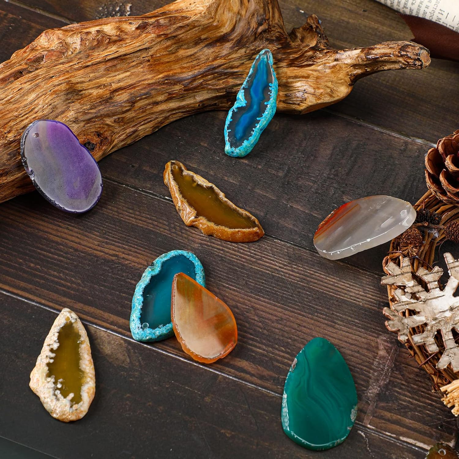 Nuenen 50 Pcs Polished Agate Slices Bulk Light Table Slices Crystals Healing Crystals Geode Stones Irregular Agate Pendants Gemstones for DIY Jewelry Making Home Decor(Medium)