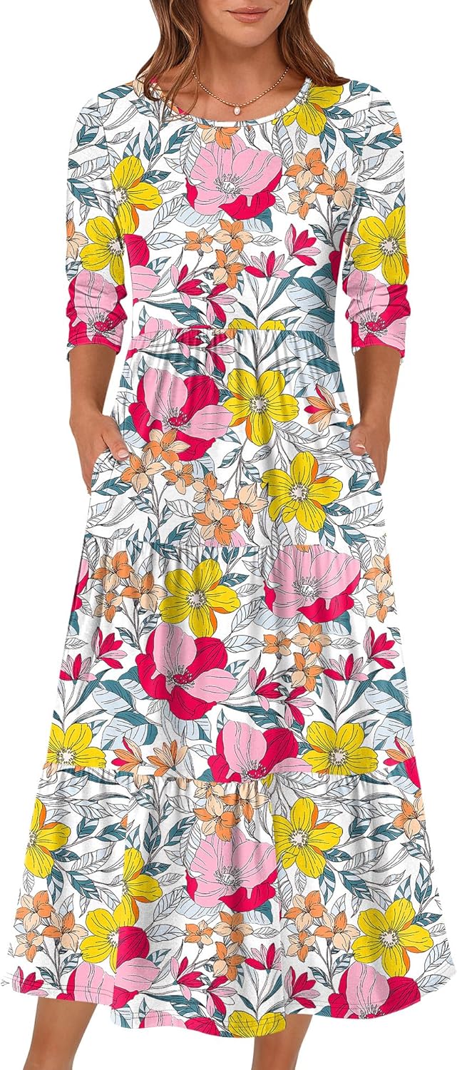 Prinbara Women's 3/4 Sleeve Casual Maxi Floral Dresses 2025 Fall Crewneck A-line Tiered Flowy Summer Boho T Shirt Long Dress