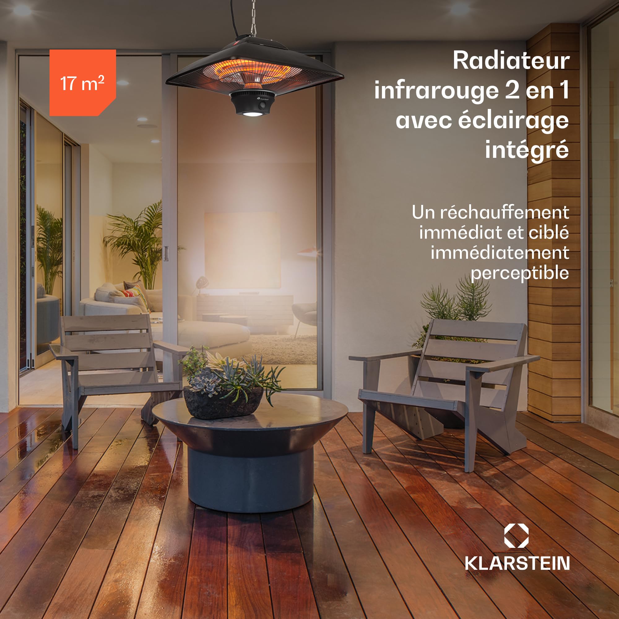 Blumfeldt Chauffage Electrique Suspendu à Infrarouge, Chauffage de Jardin 2000W, Exterieur Terrasse en Fibre de Carbone à 2 Températures, IP24 pour Veranda, d'Appoint Econome