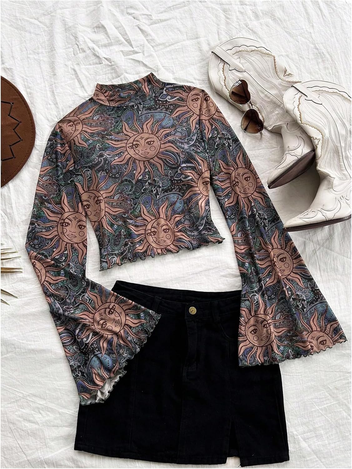 Floerns Women's Mesh Gothic Bell Sleeve T Shirts Mock Neck Paisley Halloween Hippie Crop Tops Brown Multi Medium - Image 3