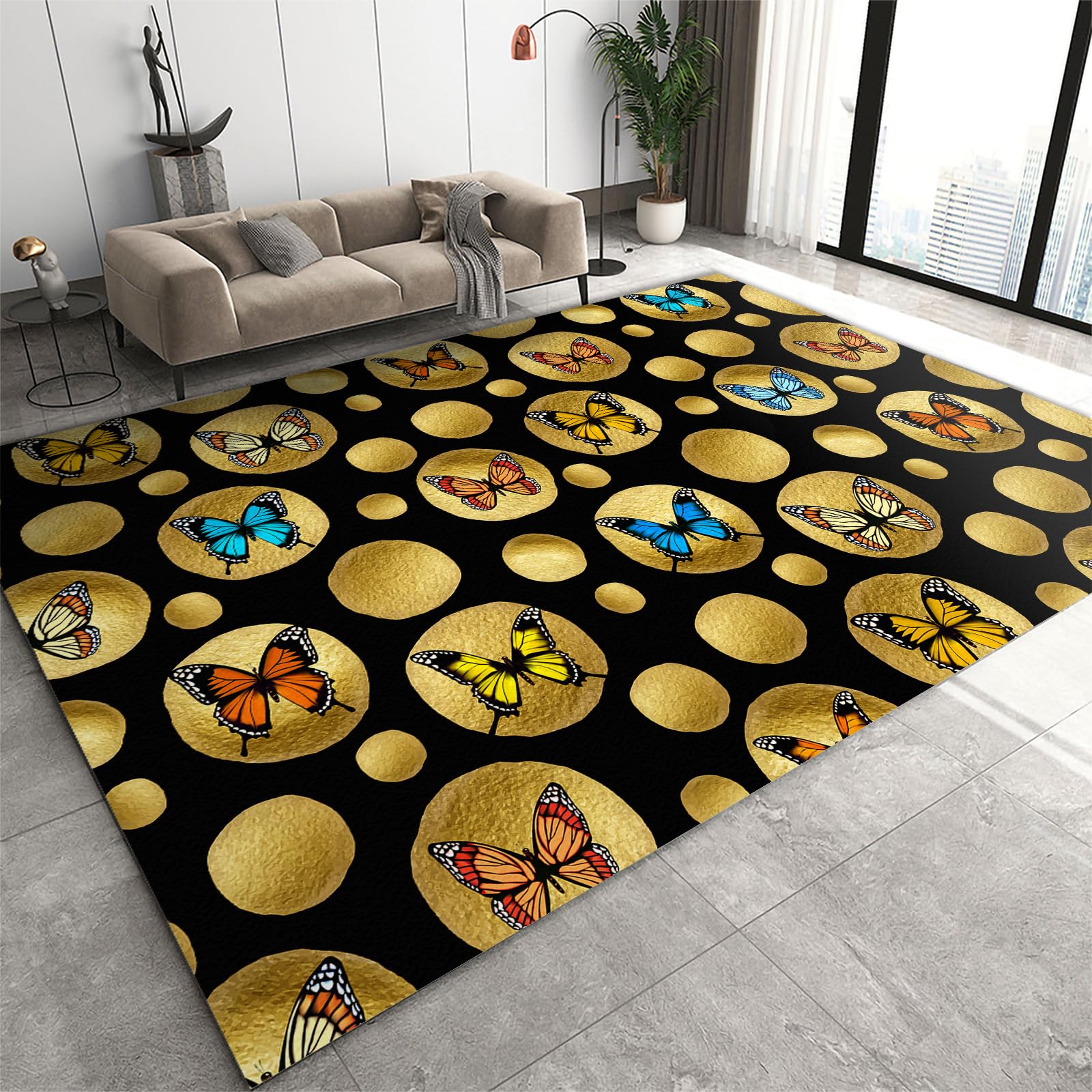 FIEMAR Area Rug 70x140cm Modern Abstract Area Rug, Butterfly Print Yellow Polka Dots Rugs for Bedroom Aesthetic, Large Soft Indoor Washable Rug, Neutral Low Pile Carpet for Dining Room Classroom
