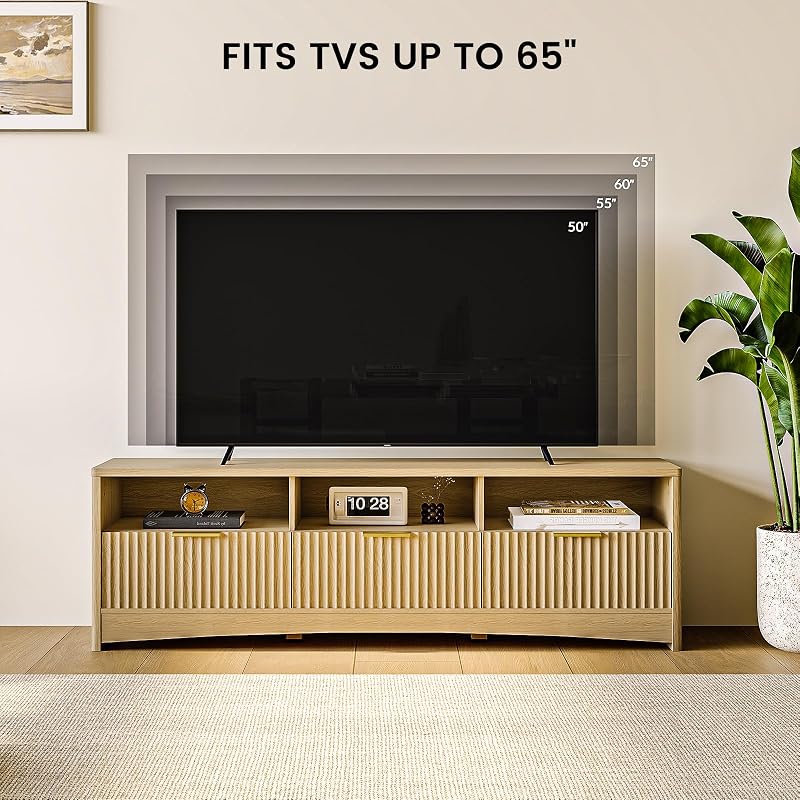 Amada TV Stand Fluted for TVs Up to 65″, Mid-Century Modern Entertainment Center with Storage Drawers and Open Shelf, TV Console for Living Room or Bedroom, Natural Oak image 3