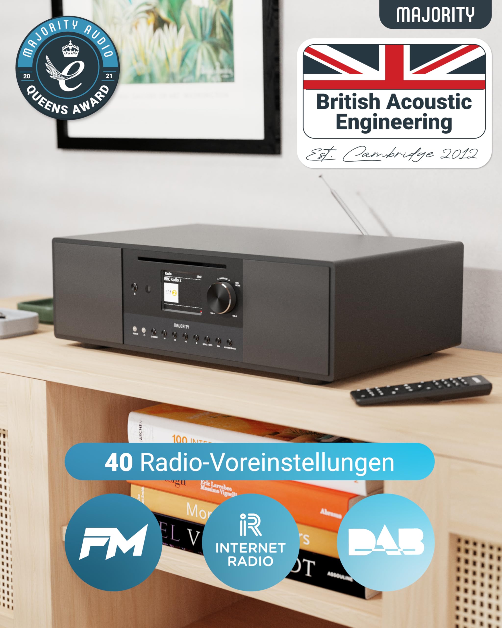 Internetradio WLAN mit CD Player | Stereoanlage Bluetooth mit Radio DAB+ & UKW | 120W 2.1 Stereo Lautsprecher mit Eingebauter Subwoofer | Küchenradio mit Spotify Connect & Podcasts | MAJORITY Quadriga