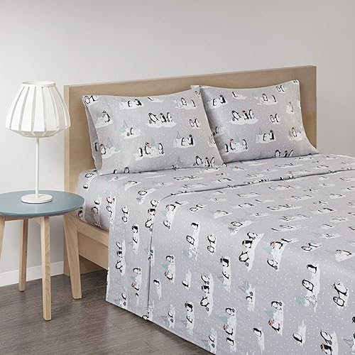 Miniatura 2 de Sleep Philosophy - Juego de sábanas True North de franela de 100% algodón, sábanas bonitas y ultrasuaves para clima frío, diseño gris de pingüinos,