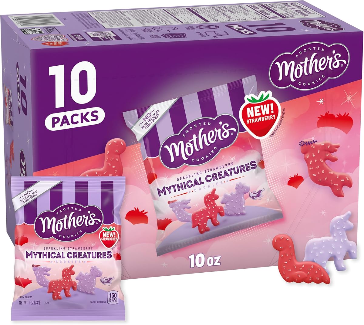 Mother's Sparkling Strawberry Mythical Creatures, Shortbread Cookies with Strawberry Frosting and Sprinkles, 10 Count, 1 oz Each