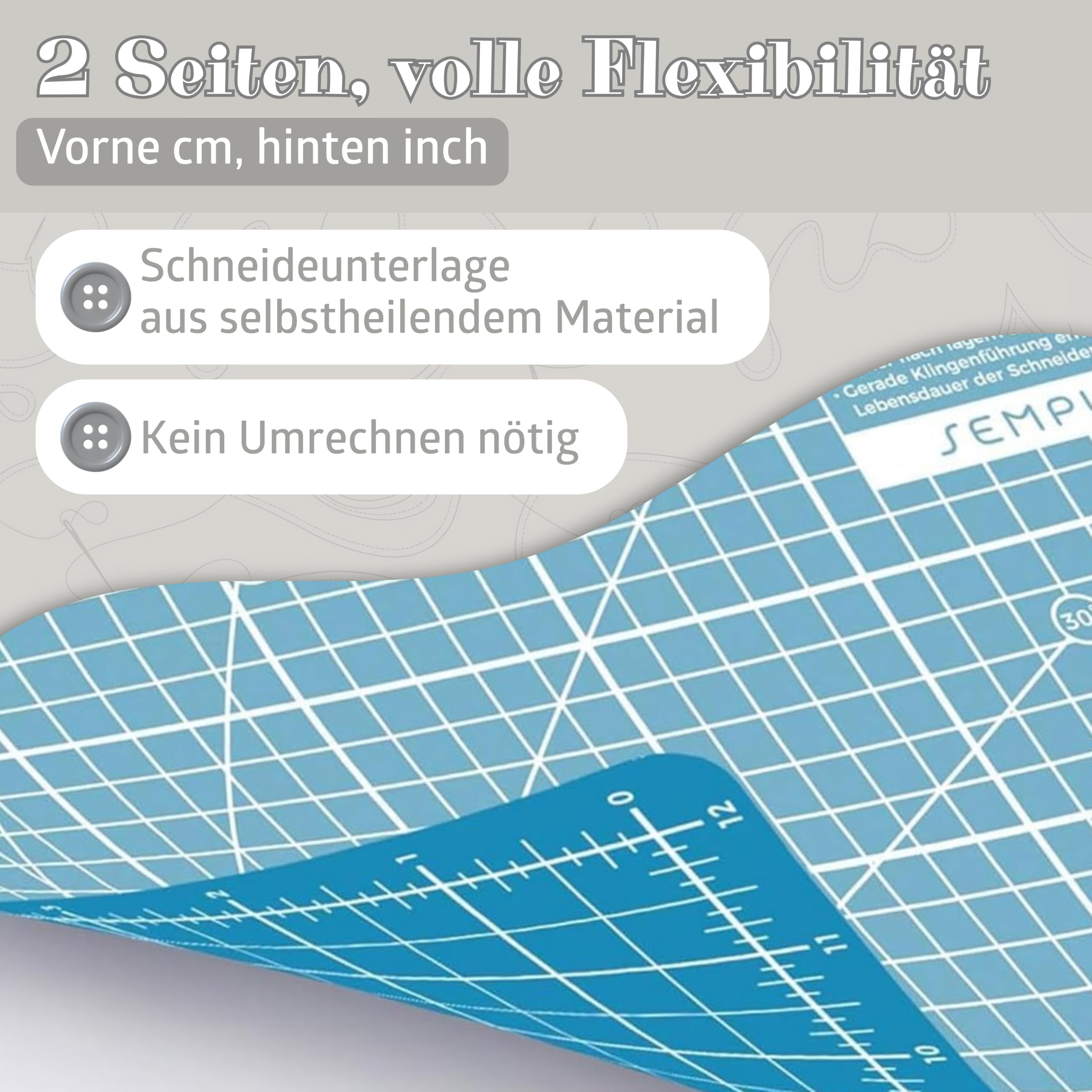 SEMPLIX Schneidematte A1 in Grün, Rosa, Grau, Türkis, Lila. Ideal fürs Basteln, Nähen und Patchworken. 90x60 Beidseitig Bedruckt. Vorderseite cm, Rückseite inch Bemaßung