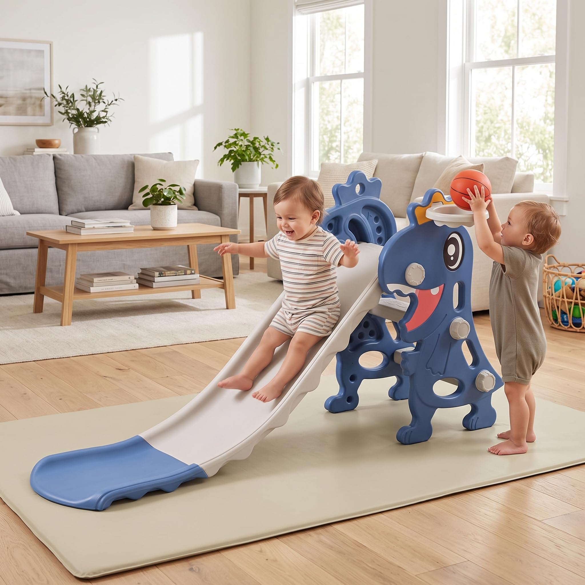 Scivolo per Bambini Pieghevole con da Basket e Palla - Scivolo Dinosauro in Plastica per Bambini 3-6 Anni, Rosa