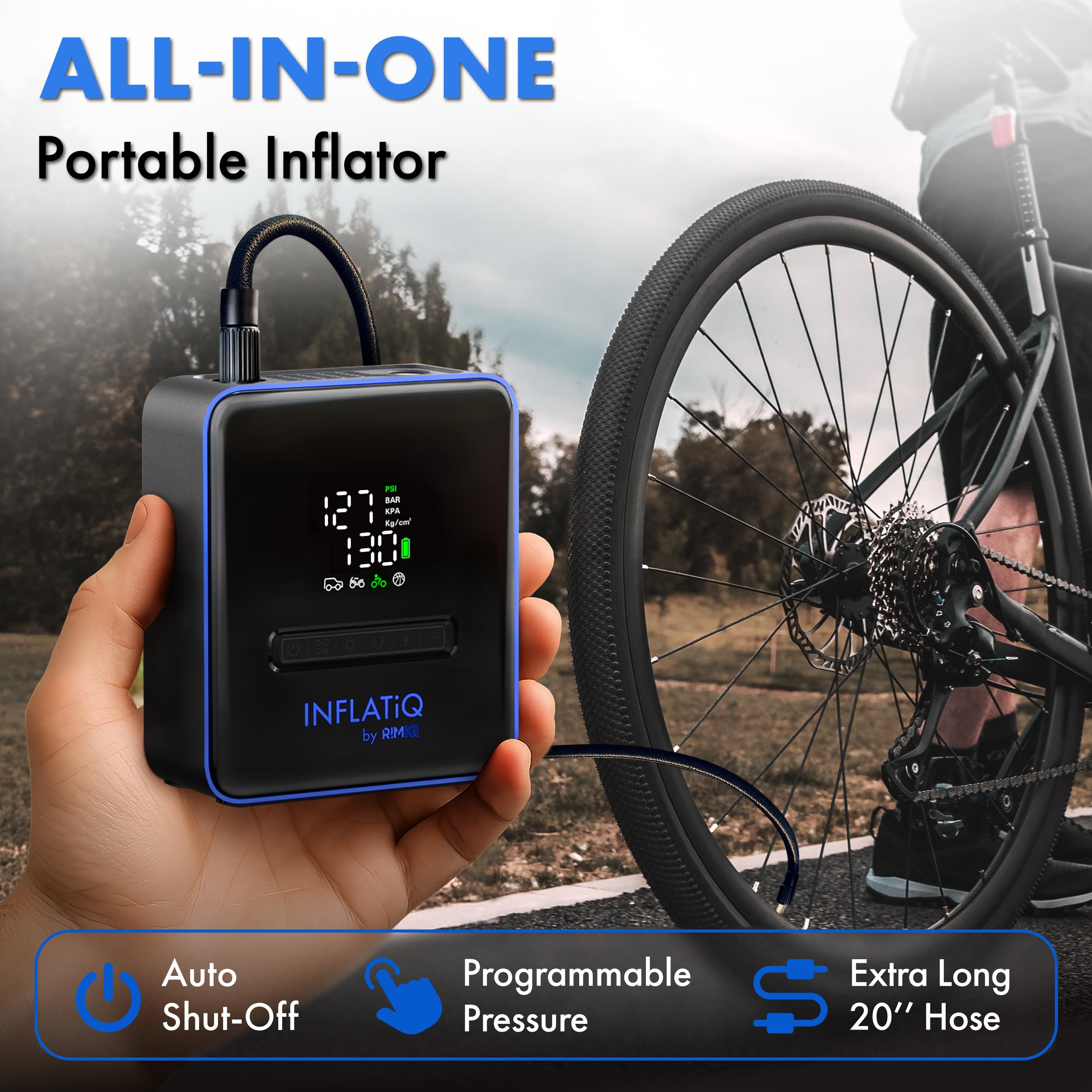 INFLATiQ by RIMiQ Tire Inflator B, potente e premiata tecnologia QWIKFlow con 2 opzioni di alimentazione portatili incluse, potente pompa ad aria per camion, auto, moto, biciclette, palloni e altro