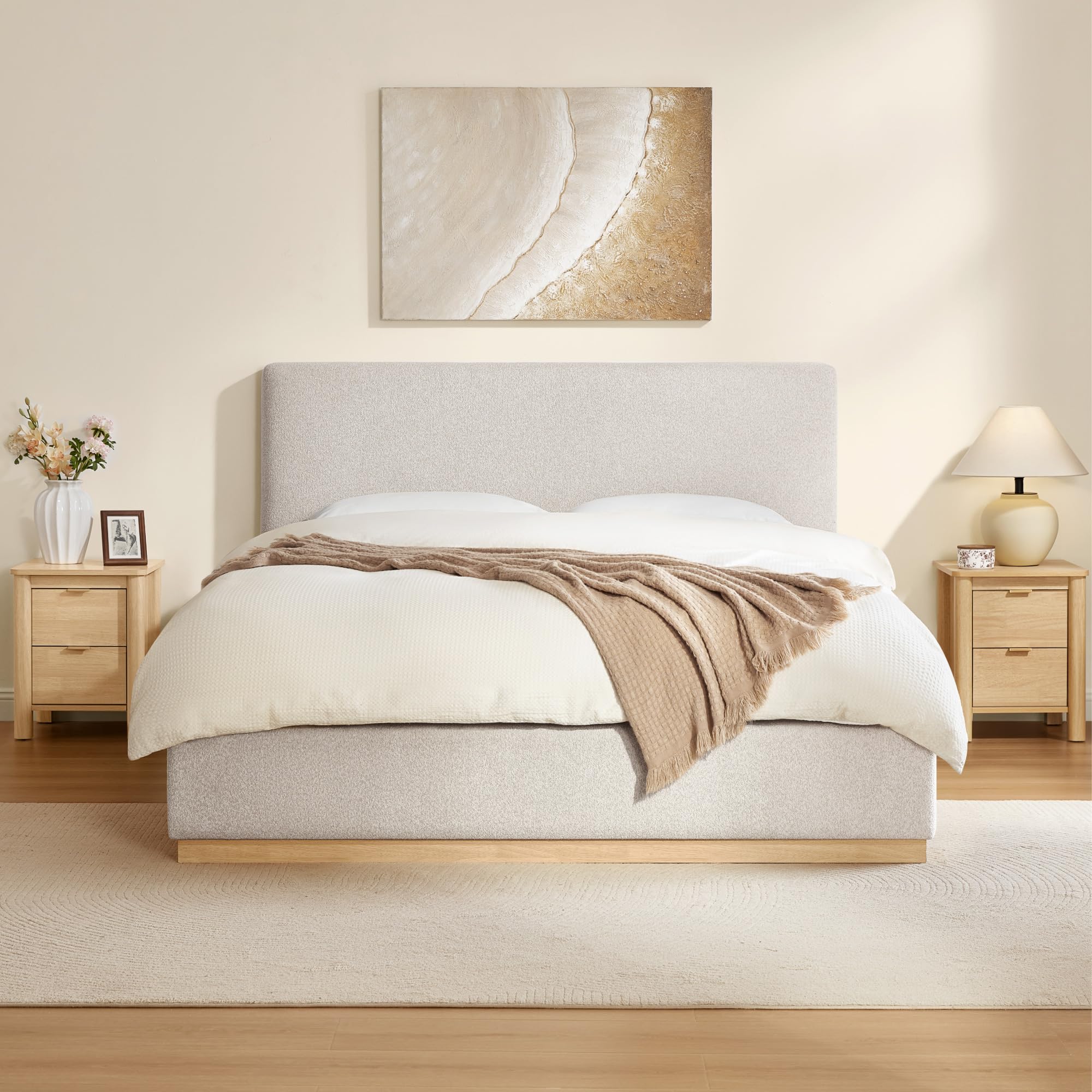 Photo 1 of KISLOT Upholstered Queen Size Bed Frame, Boucle Fabric Platform Bed Mattress Foundation Noise-Free No Box Spring Needed Easy Assembly
