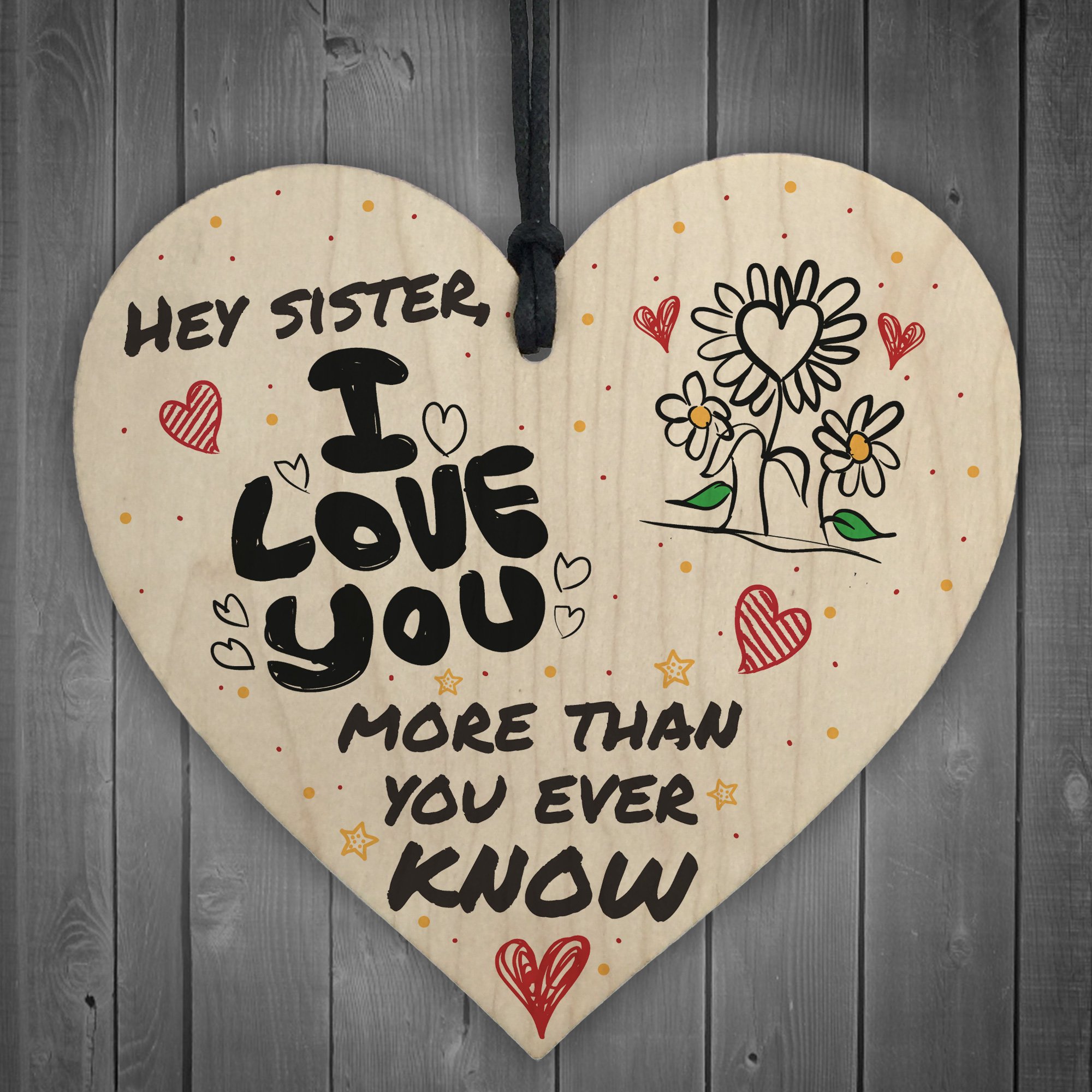 Red Ocean Sister I Love You Big Little Sis Wooden Hanging Heart Wall Plaque Love Sign Gift