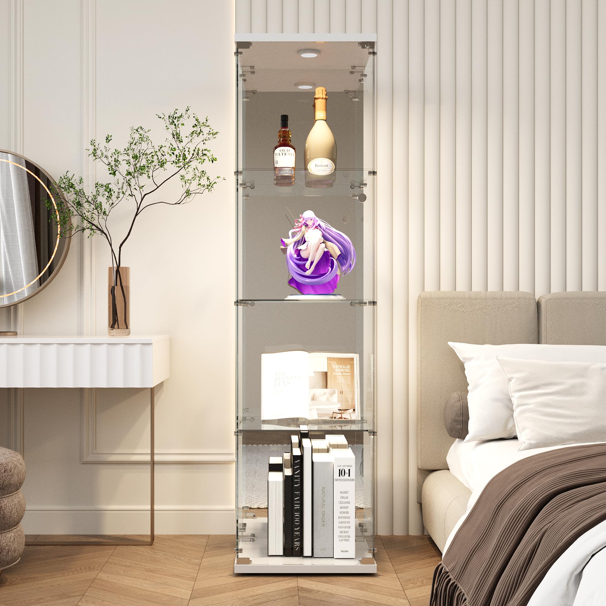 Vitrina de cristal con espejo, vitrina con iluminación LED, cerradura y 1 puerta, 4 compartimentos, vitrina con cristal para coleccionistas, LED para coleccionar (1 puerta)