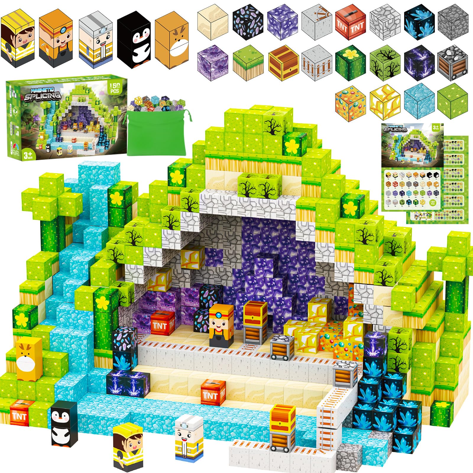 Zhmenge 150 Stück Magnetische Bausteine,Magnetspielzeug Baue Mine Magnet Welt DIY Set,Magnet Bausteine, Magnetbausteine Blöcke MagnetSpielzeug für Geschenk ab 3 Jahre Junge Mädchen
