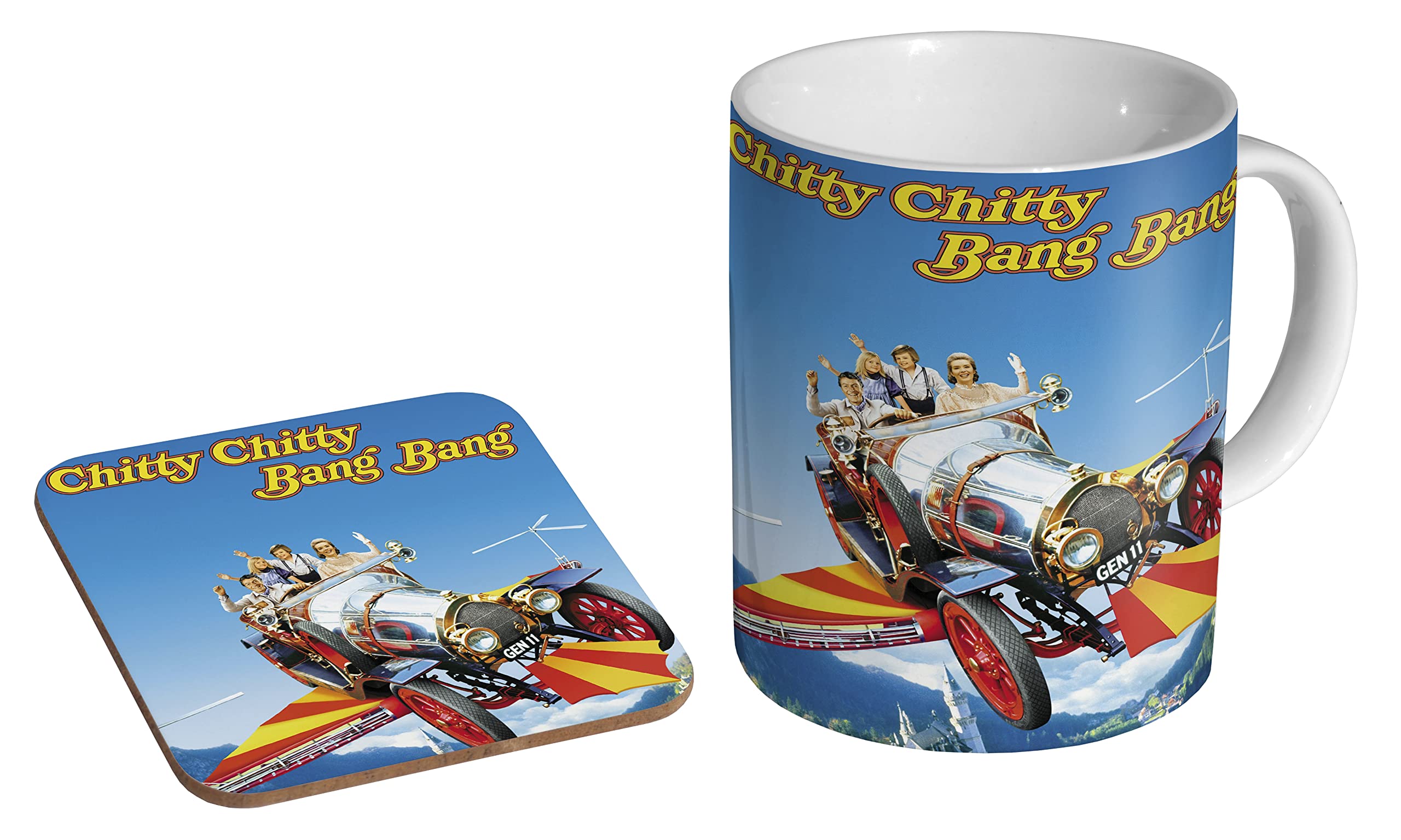 Chitty Chitty Bang Bang Classic Kaffeetassen-Set – Keramiktasse 325 Ml + Holz-Untersetzer, Spülmaschinenfest