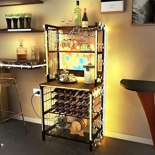 Miniatura 7 de COSTWAY Armario de bar de vino con tomas de corriente, mesa de barra de licor de 4 niveles con soporte para botellas de vino, soporte para vasos y