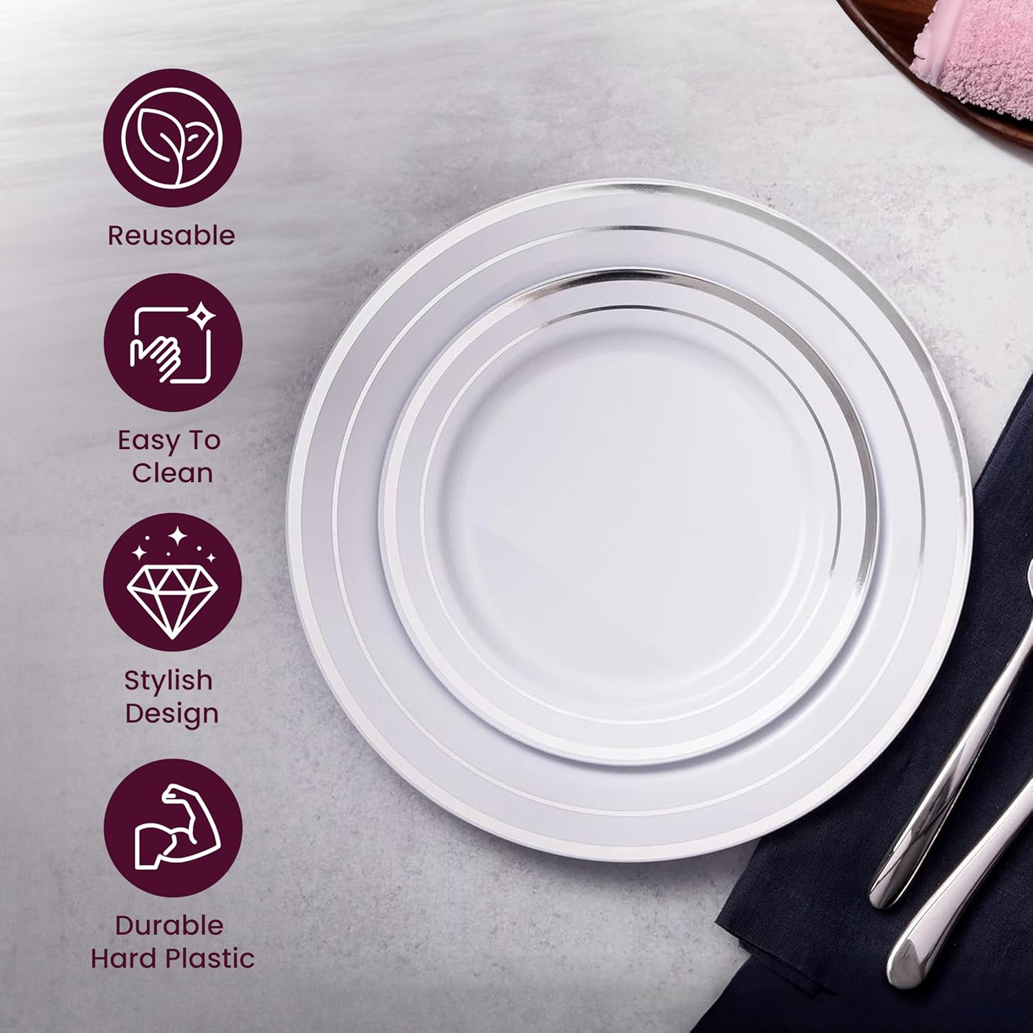 Aya's 60 Silver Rimmed Plastic Plates for Party, Heavy Duty Disposable Plate Set of 30 Dinner and 30 Dessert Plates for Weddings and Special Events, Fancy Disposable Tableware