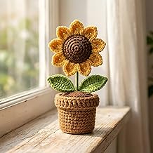 Handmade Crochet Sunflower with Pot – Artificial Knitted Flower Decoration for Office Desk, Home, Bedroom & Car Dashboard | Cute Mini Table Décor Gift for Friends & Loved Ones (Pack of 1)