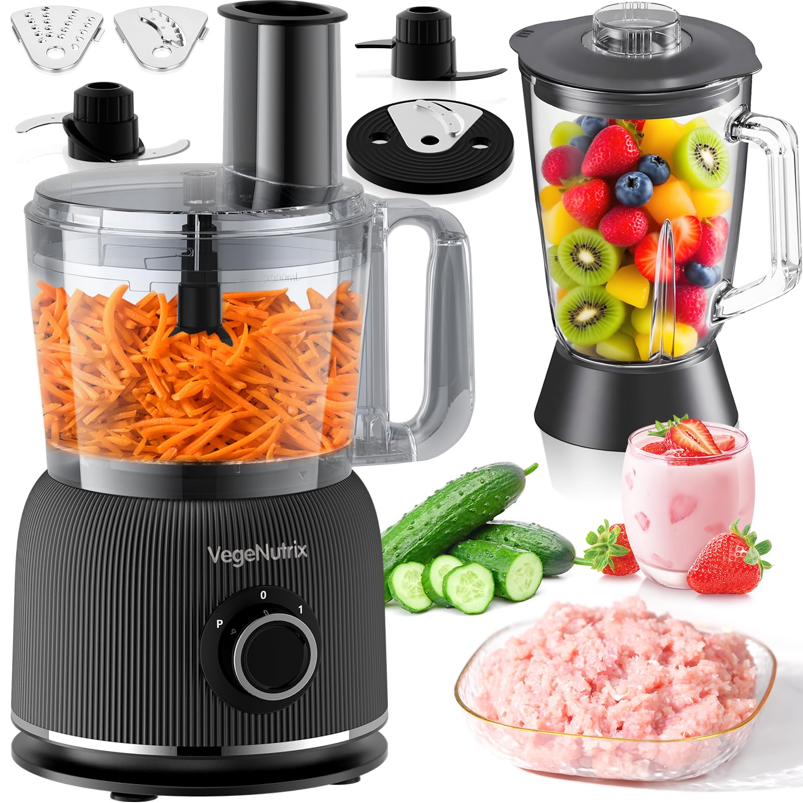 1500W Küchenmaschine und Mixer Kombination, 2,5L Zerkleinerer für Fleisch, Gemüse und Teig, 2L Standmixer mit Glasbehälter, 2 Geschwindigkeitsstufen&Pulsfunktion für Smoothies, Saft usw.