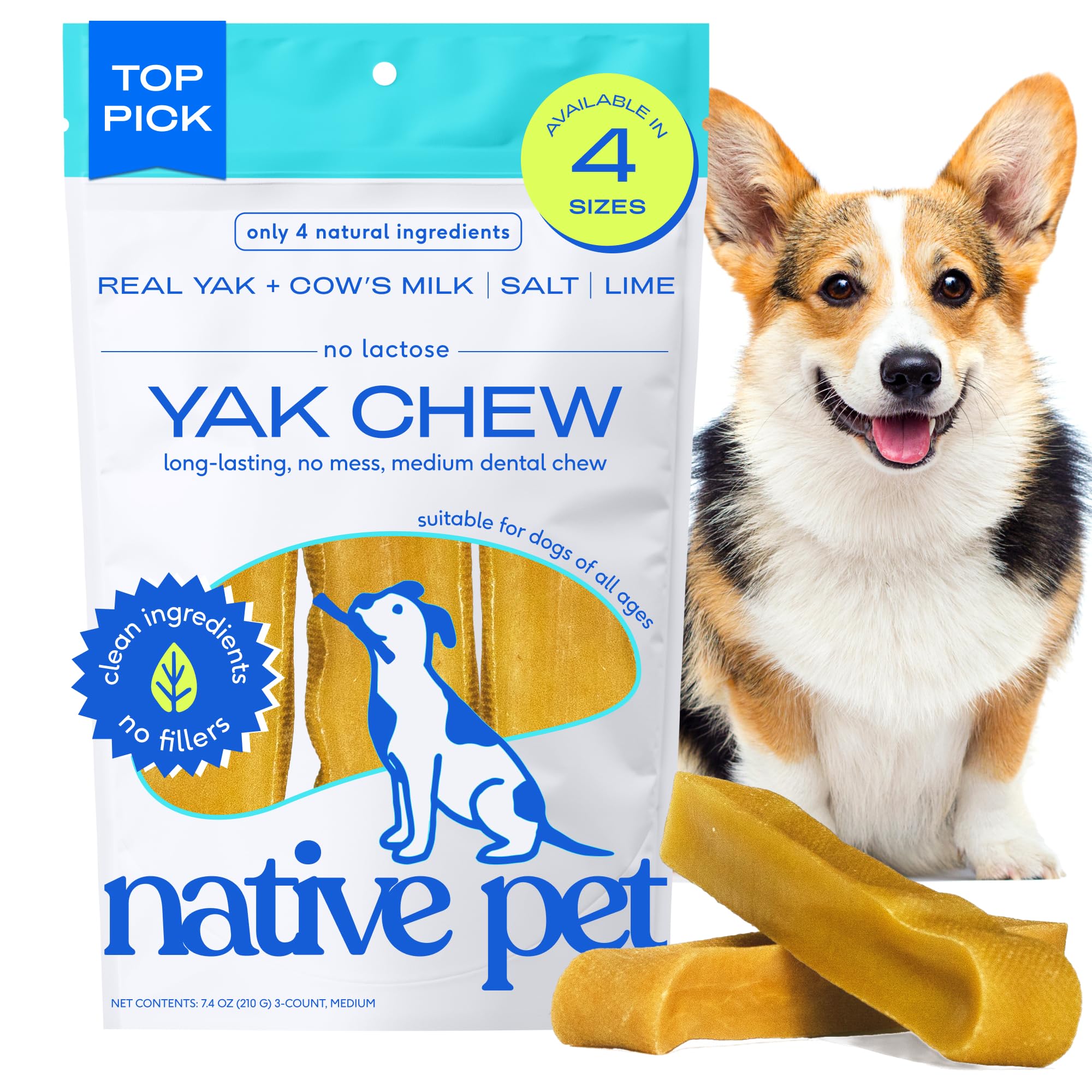 Native PetYak Cheese Himalayan Dog Chews - Long Lasting Dental Sticks for Medium Breeds – 100% All Natural Himalayan Yak Chews for Medium Dogs – Cheese Bone for Aggressive Chewers - 3 Per Pack
